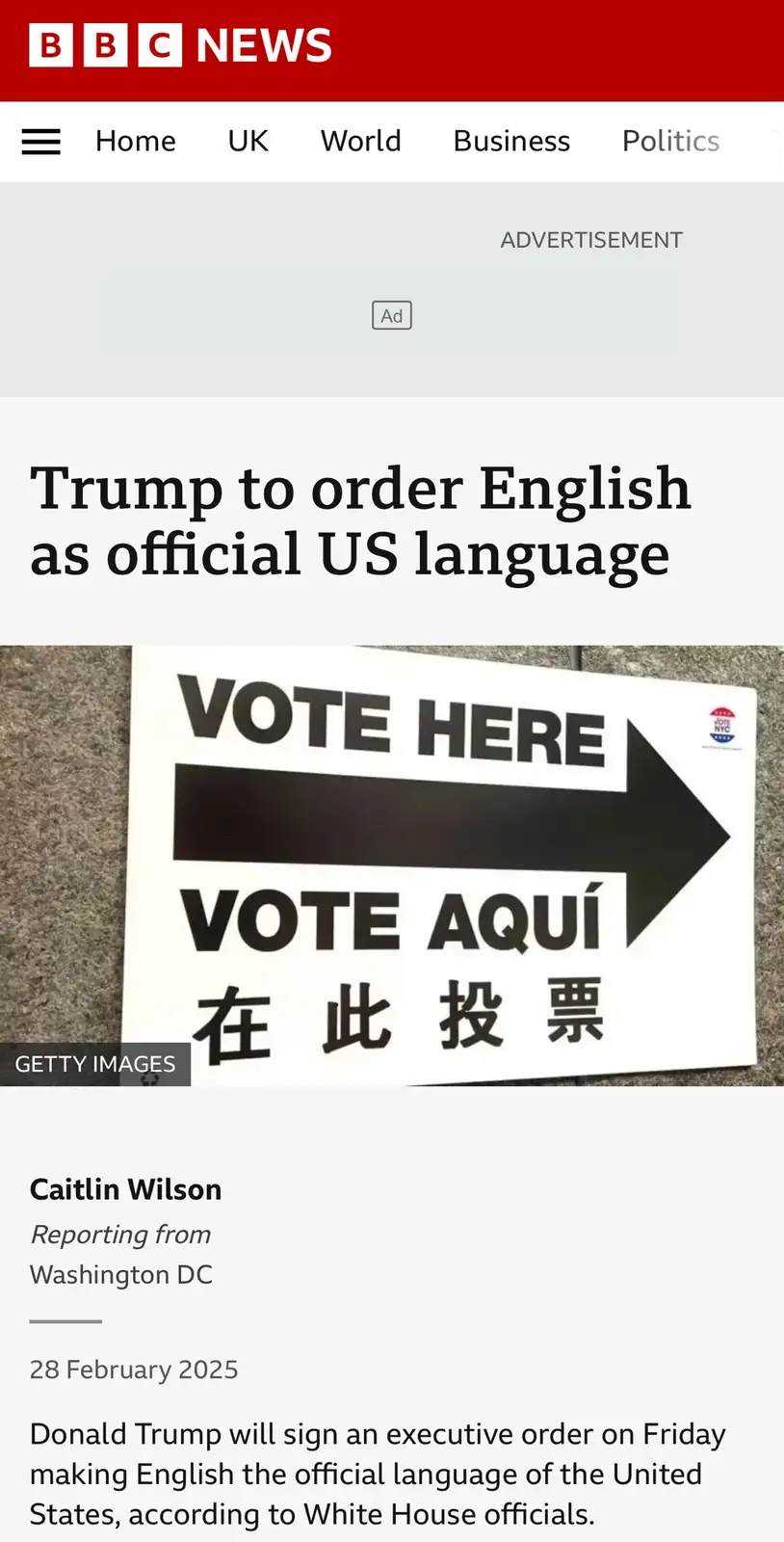 A BBC News article screenshot with a headline about Trump making English official, overlaid on a photo of a multilingual…