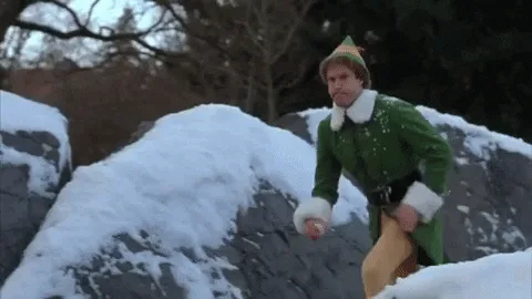 A six-panel sequence from the movie 'Elf' shows the main character, dressed in a green elf costume with white fur trim and a…