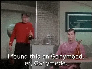 Six panels from a Star Trek scene show a man in a red uniform holding a dark bottle, repeatedly saying 'I found this on…