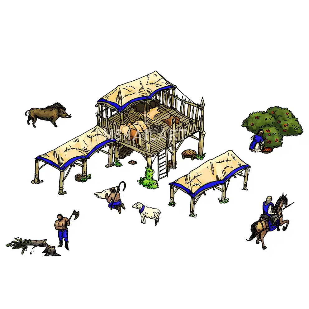 A cartoon-style illustration shows a wooden elevated platform with a thatched roof, surrounded by various medieval-style…