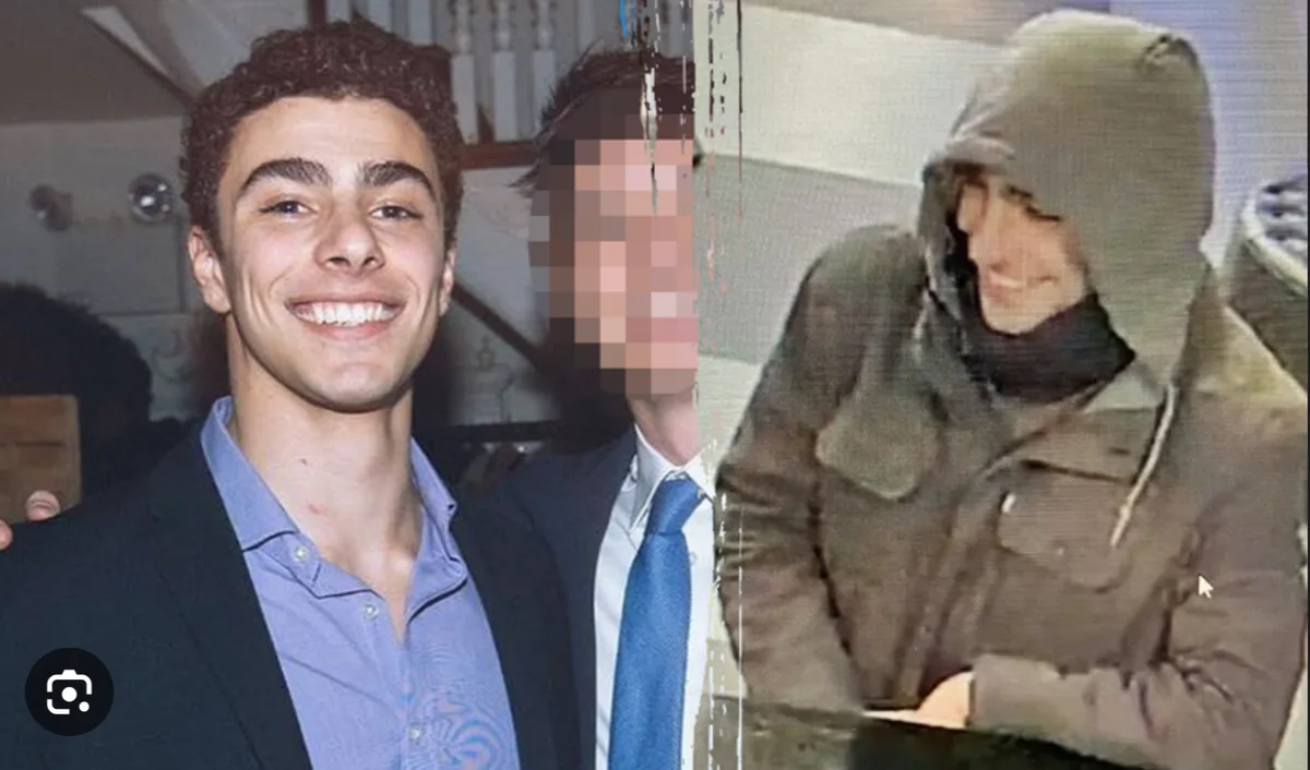 The image is a split-screen meme. On the left, a young man with dark curly hair, wearing a blue shirt and dark blazer…