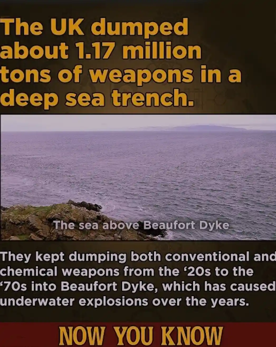 The image shows a calm, expansive ocean view from a rocky coastline, with text overlays stating that the UK dumped 1.17…