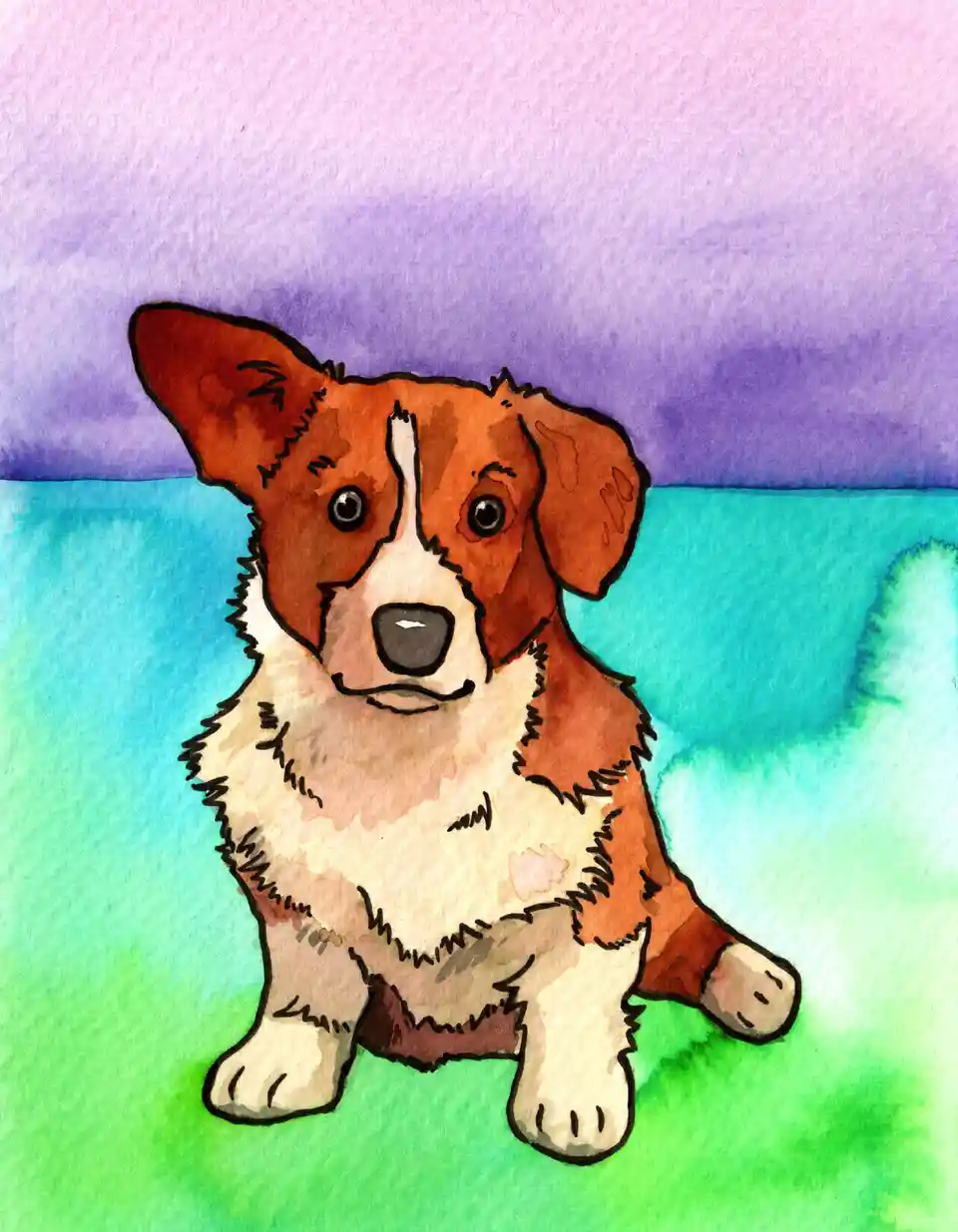 A watercolor painting of a brown and white corgi sitting on green grass with a purple-blue sky behind it. The dog has large…