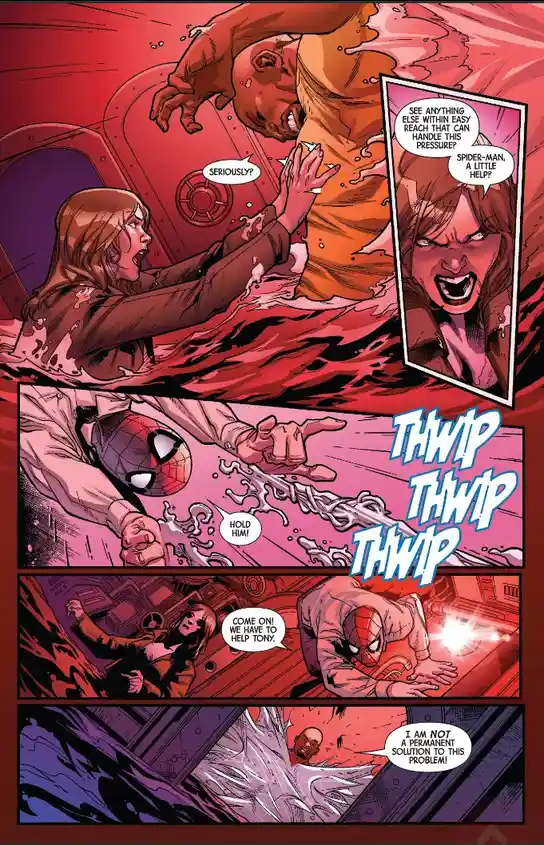 A comic book panel sequence shows a woman in a brown suit struggling to hold onto a large, muscular man submerged in red…