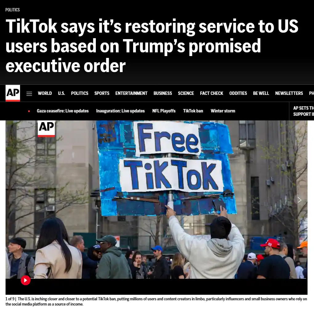 A person holds up a handmade blue and white sign reading 'Free TikTok' at a protest, overlaid on a news article headline…