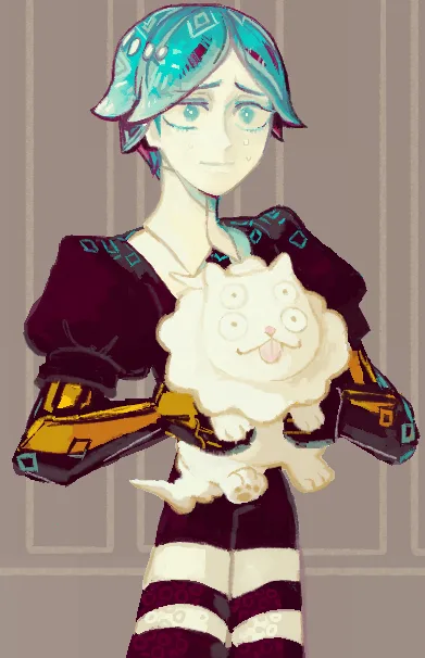 A stylized anime character with teal hair and a tear in their eye holds a fluffy white cat with a goofy expression. The…