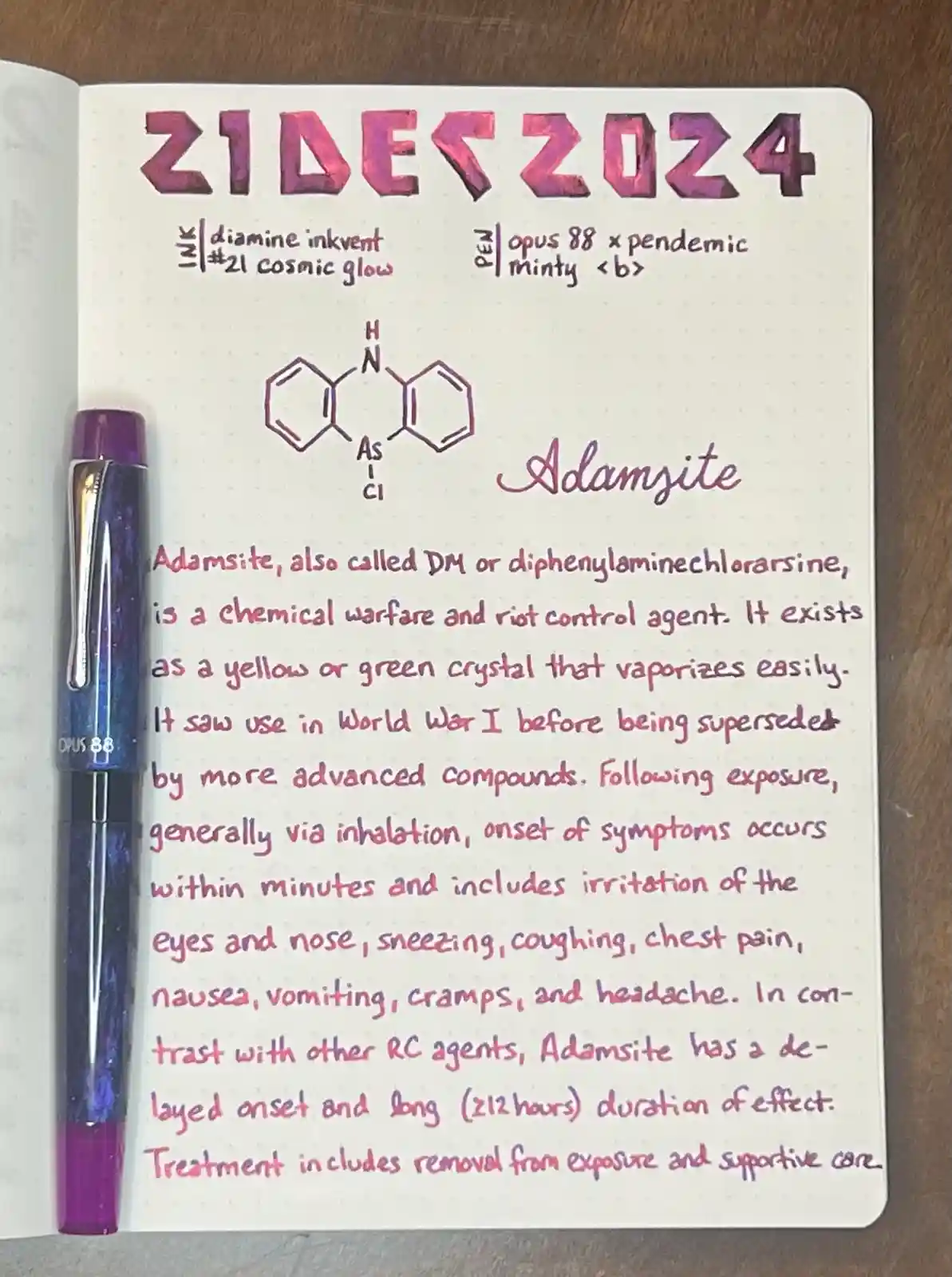 A handwritten notebook page dated '21 DEC 2024' with a chemical structure labeled 'Adamsite' and a detailed description of…