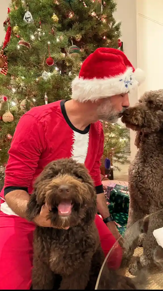 A man dressed in a red Santa outfit with a white-trimmed hat kisses a brown curly-haired dog on the nose while holding…