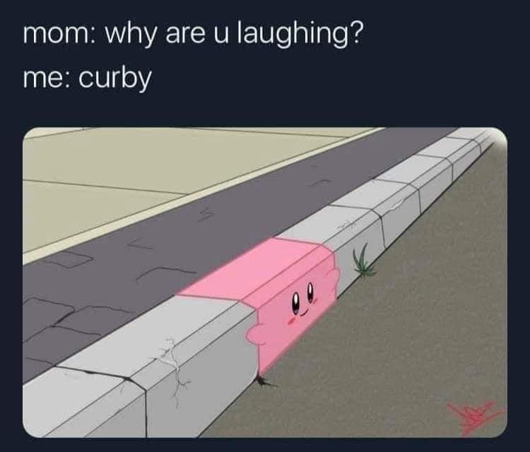 A cartoon image shows a pink, smiling, block-shaped character peeking out from behind a concrete curb. The text overlaid at…