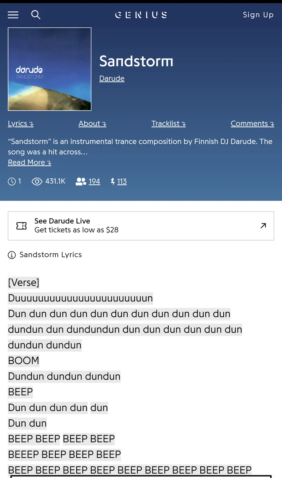 A screenshot of the Genius website showing the lyrics to Darude's 'Sandstorm' song, with the first line…