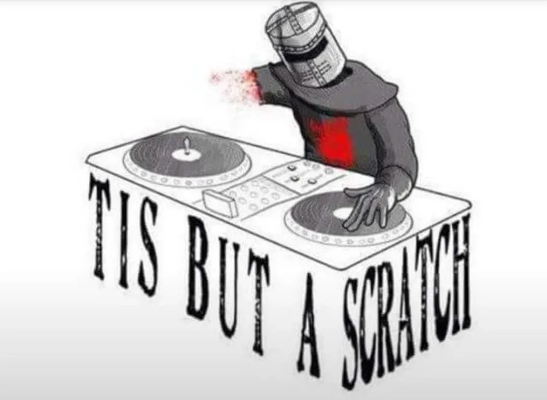 An illustration shows a knight in armor with a helmet, standing behind a DJ turntable setup. The knight's right arm is…