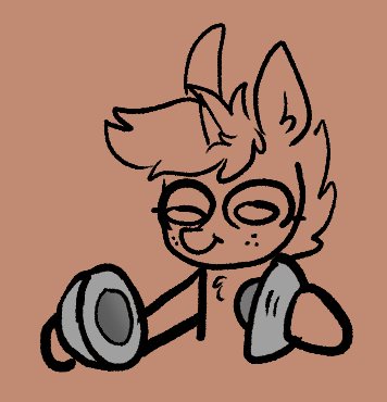 A simple cartoon drawing of a character with spiky hair and glasses, holding two dumbbells, looking tired or exhausted. The…
