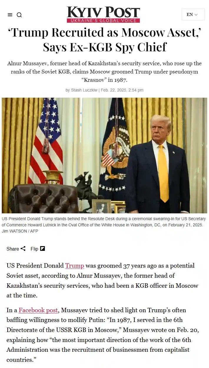 A screenshot of a Kyiv Post article with a photo of Donald Trump standing in the Oval Office behind the Resolute Desk…