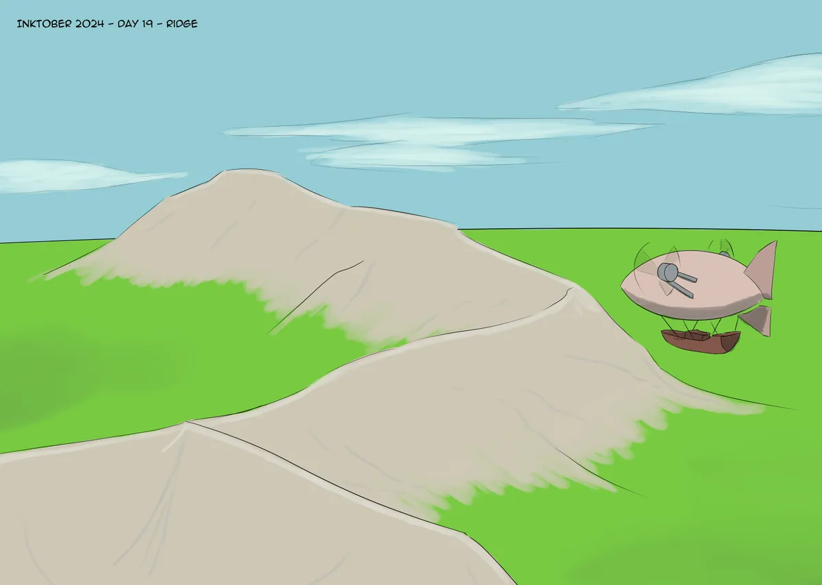 A cartoonish airship with a propeller and gondola flies low over a green field, positioned near a large, light-brown ridge…