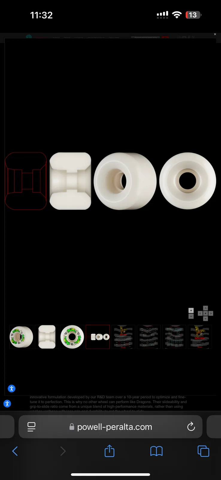 A screenshot of a Powell Peralta website product page showing four views of a white skateboard wheel: a 3D wireframe model…