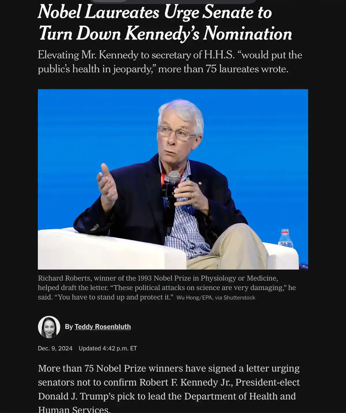 A screenshot of a news article shows Richard Roberts, a Nobel laureate, speaking at an event. The article's headline and…