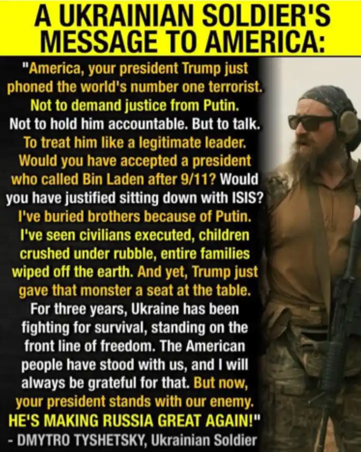 A Ukrainian soldier with a beard, sunglasses, and a rifle stands beside a large block of text. The text is a fictional…