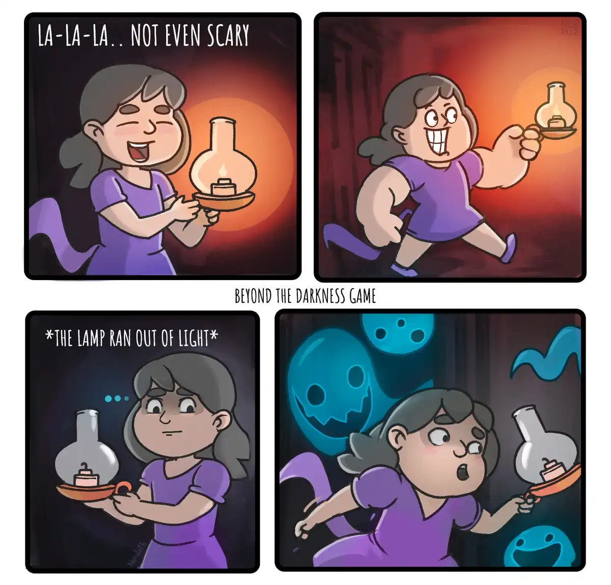 A four-panel comic shows a woman confidently holding a lit oil lamp, then running excitedly with it, only to have the lamp…