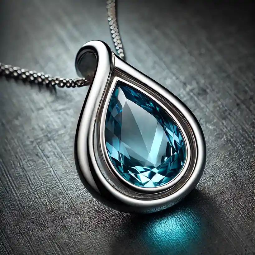 A close-up photograph of a teardrop-shaped pendant with a large, faceted blue gemstone set in a silver-toned metal frame…