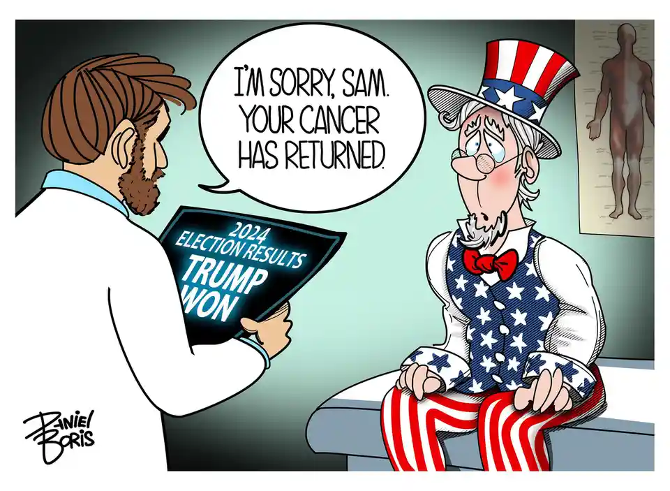 A cartoon depicts a doctor in a white coat holding a tablet that reads '2024 ELECTION RESULTS TRUMP WON' while telling a…
