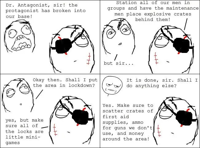 A four-panel comic strip featuring a character with a black eye patch and facial scars, who is giving increasingly absurd…