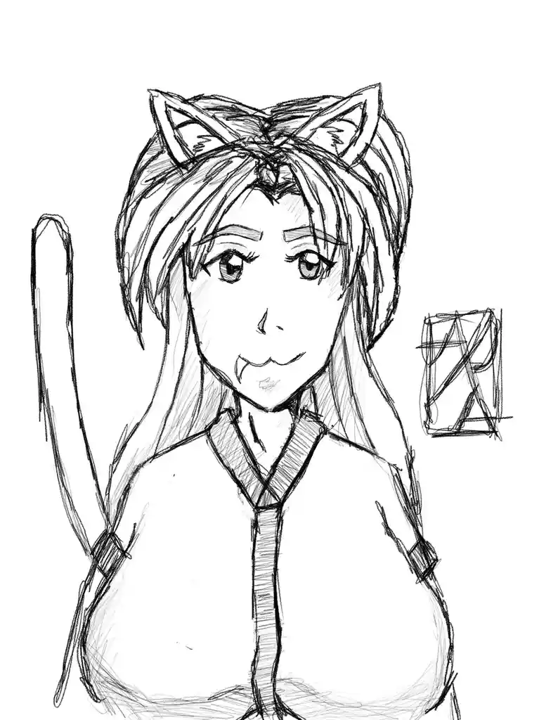 A black-and-white sketch of an anime-style girl with cat ears and a tail, wearing a collared shirt. She has a gentle smile…