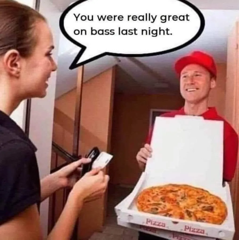 A woman pays a pizza delivery guy with her phone while he holds an open pizza box. A speech bubble above his head says 'You…