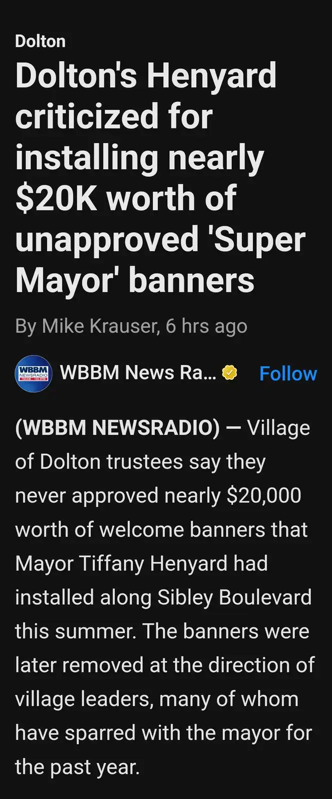 A screenshot of a WBBM Newsradio article about Dolton Mayor Tiffany Henyard being criticized for installing nearly $20,000…