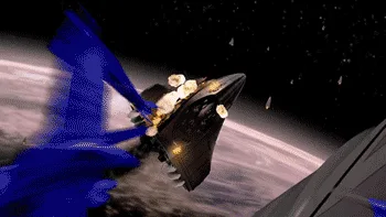 A sequence of six images shows a blue spaceship being progressively destroyed by a larger black spaceship in space, with…