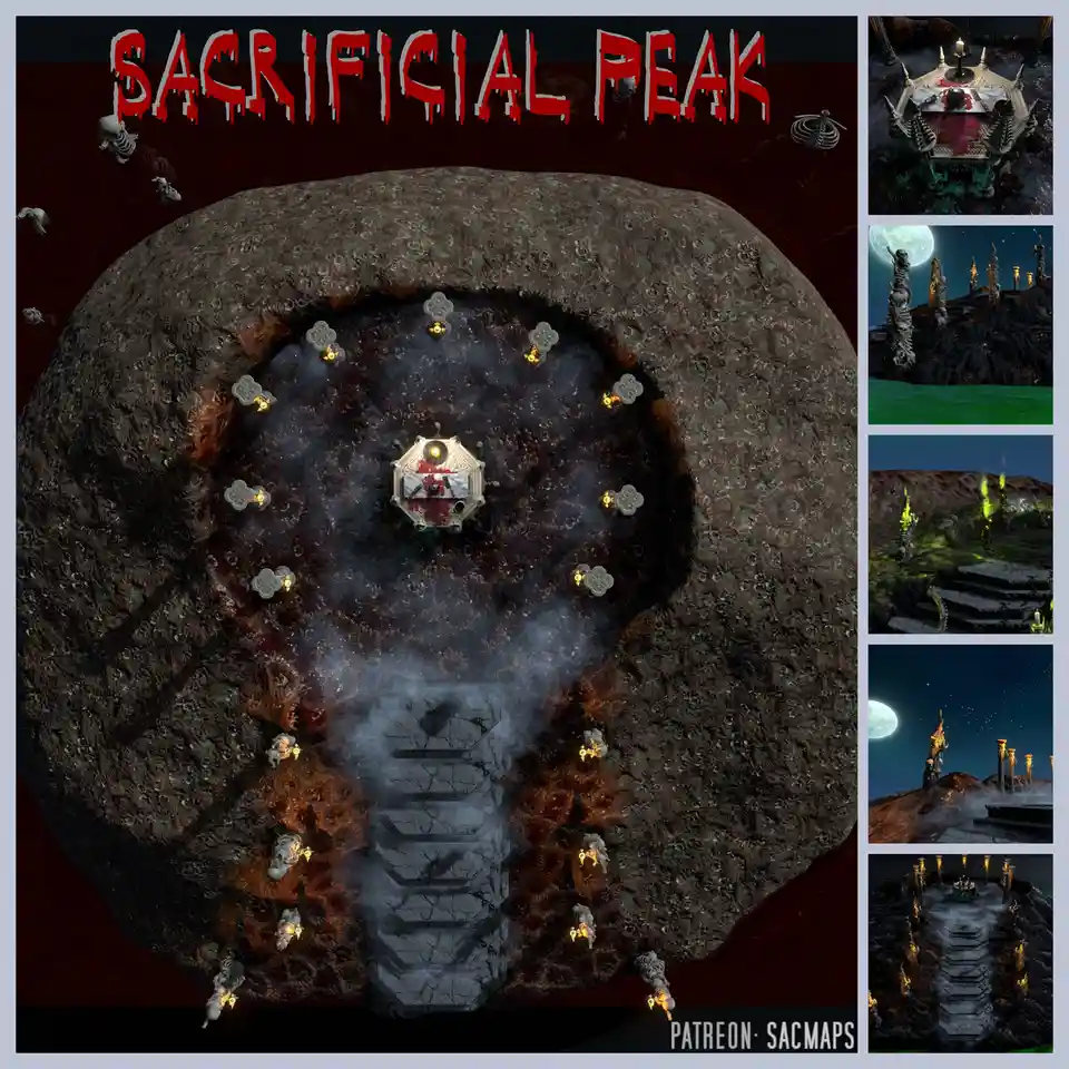 A dark, circular map titled 'SACRIFICIAL PEAK' shows a central altar surrounded by glowing runes and skeletal figures, with…