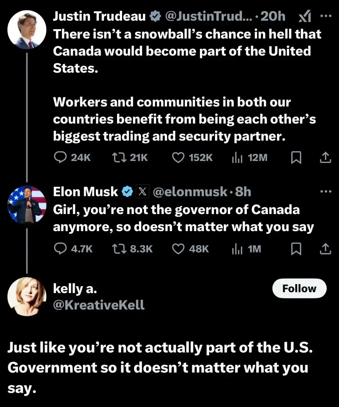 A screenshot of three Twitter/X posts: Justin Trudeau says Canada won't join the U.S., Elon Musk replies that she's not the…