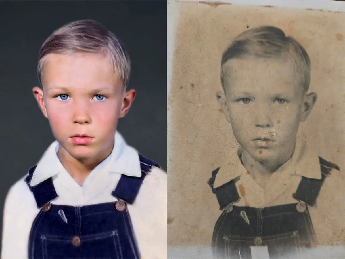 The image displays two side-by-side portraits of the same young boy. The left photo is a modern, color portrait of a boy…