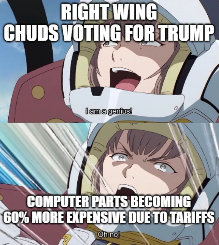The meme features two panels of an anime character in a cockpit. In the top panel, the character exclaims 'I am a genius!'…