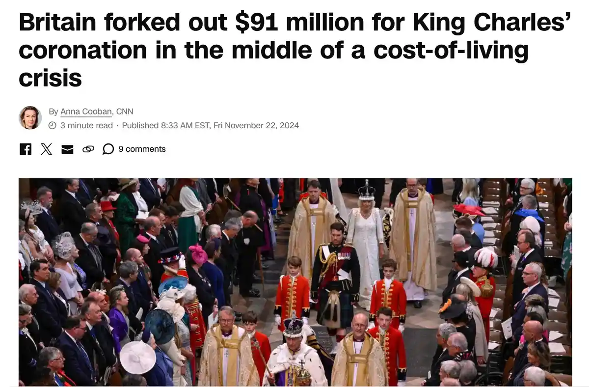 A screenshot of a CNN news article header showing a photo from King Charles' coronation, with the headline overlaid in large…