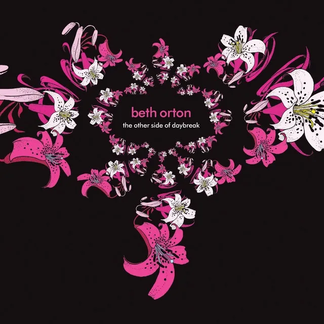 An album cover for Beth Orton's 'The Other Side of Daybreak' featuring stylized pink and white lilies arranged in a heart…