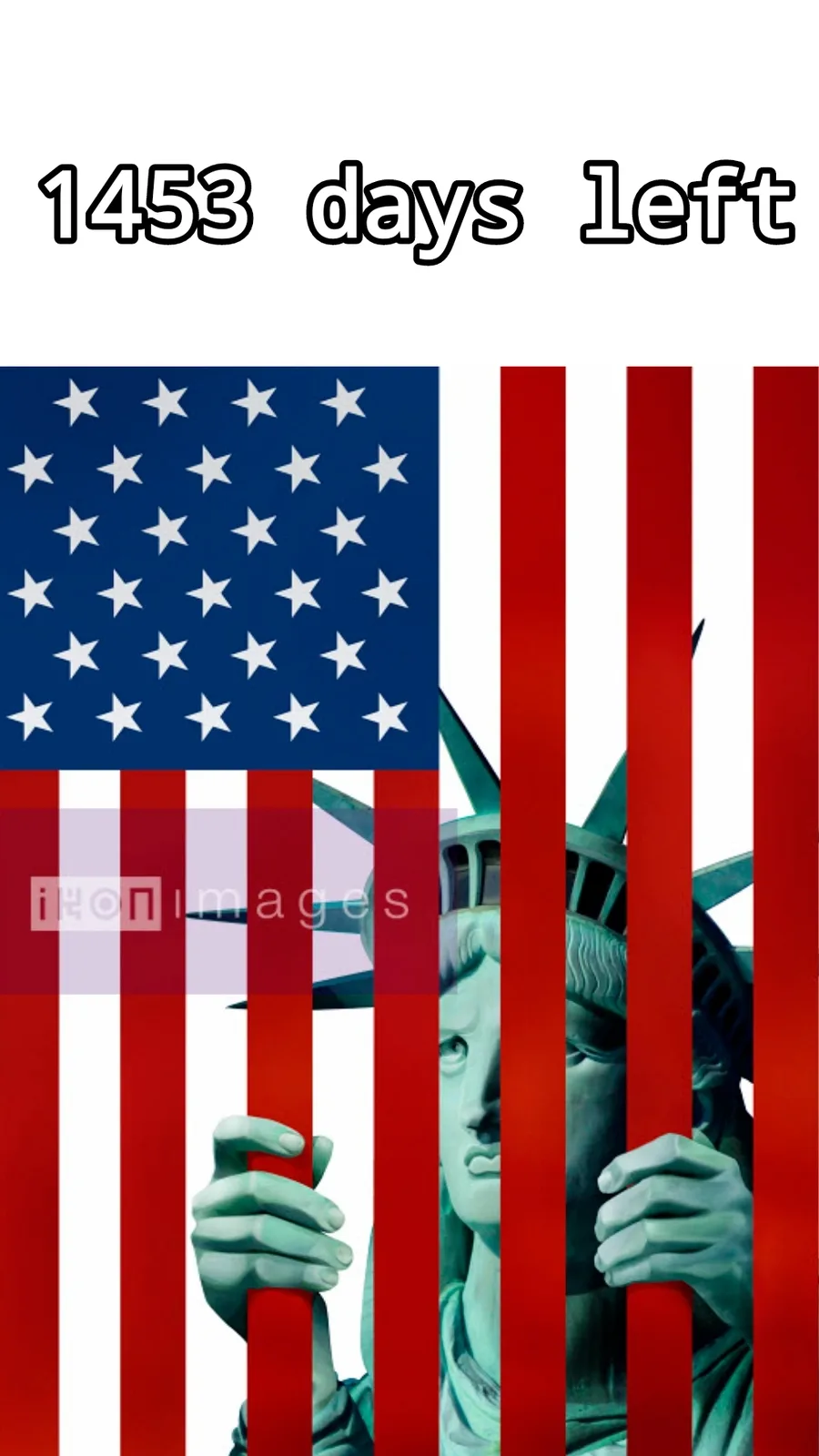 The image shows the Statue of Liberty with its face and hands visible behind vertical red stripes of the American flag…