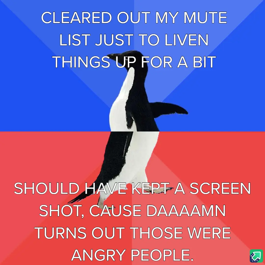 A penguin stands in the center of the image, split by a horizontal line, with a blue background above and a red background…