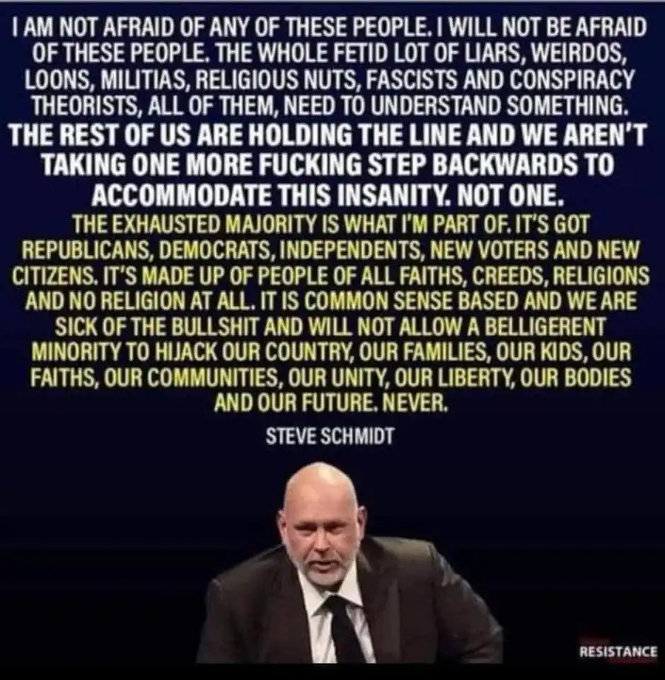 A man in a suit is shown speaking, overlaid with a long block of text attributed to Steve Schmidt. The text is a passionate…