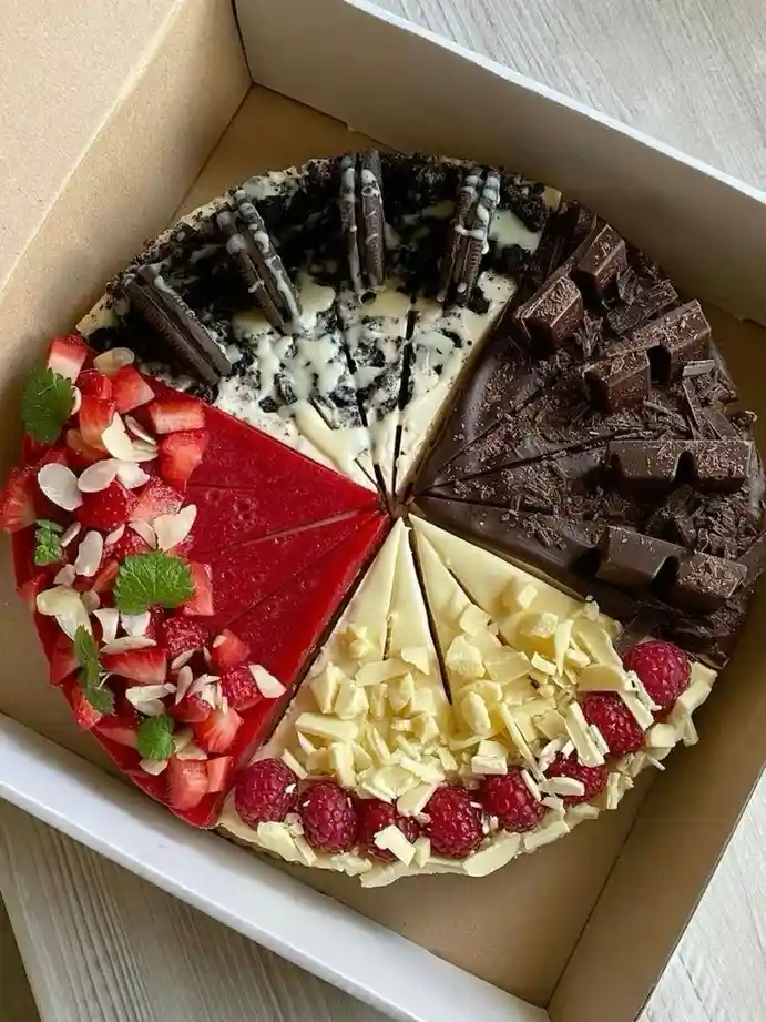 A round, sliced cake in a cardboard box is divided into five distinct sections, each with a different topping: strawberry…