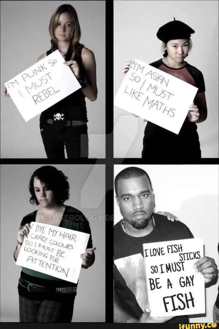 A four-panel image shows four different people holding handwritten signs with stereotypical, self-deprecating or absurd…