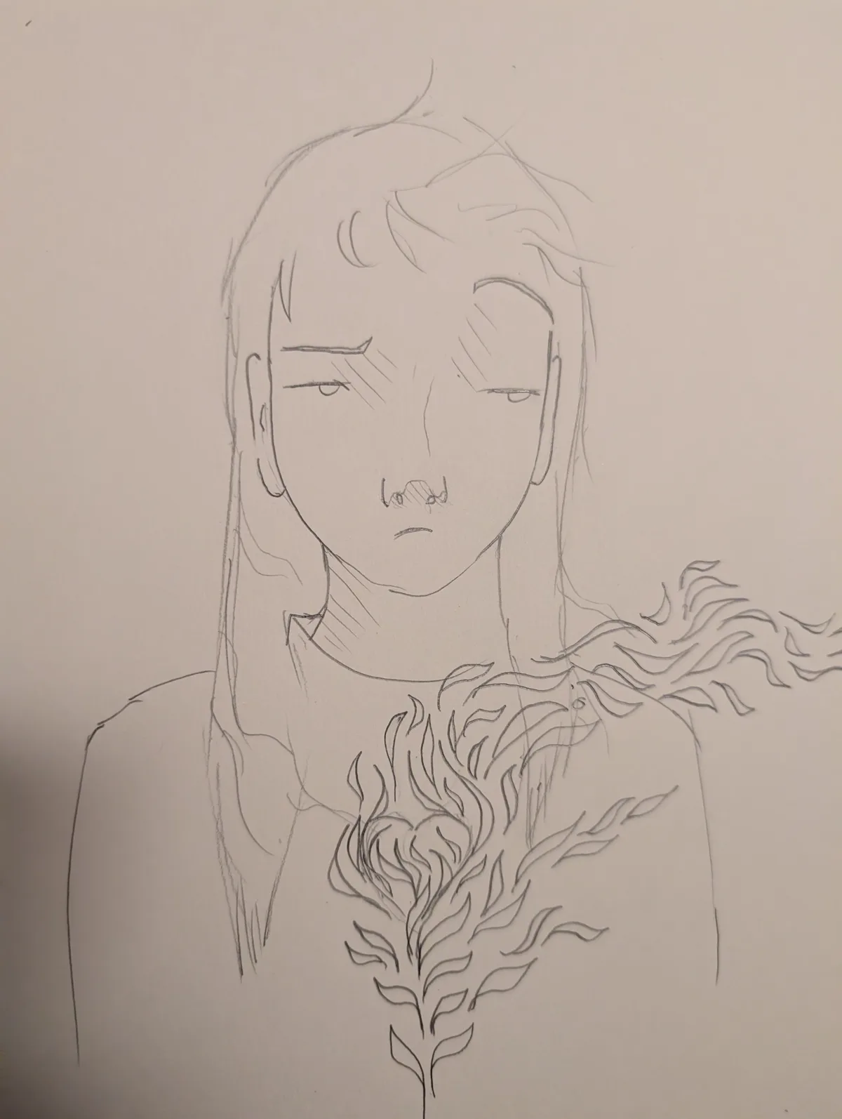 A pencil sketch of a person with a sad, tired expression, featuring a stylized flower with flame-like petals emerging from…