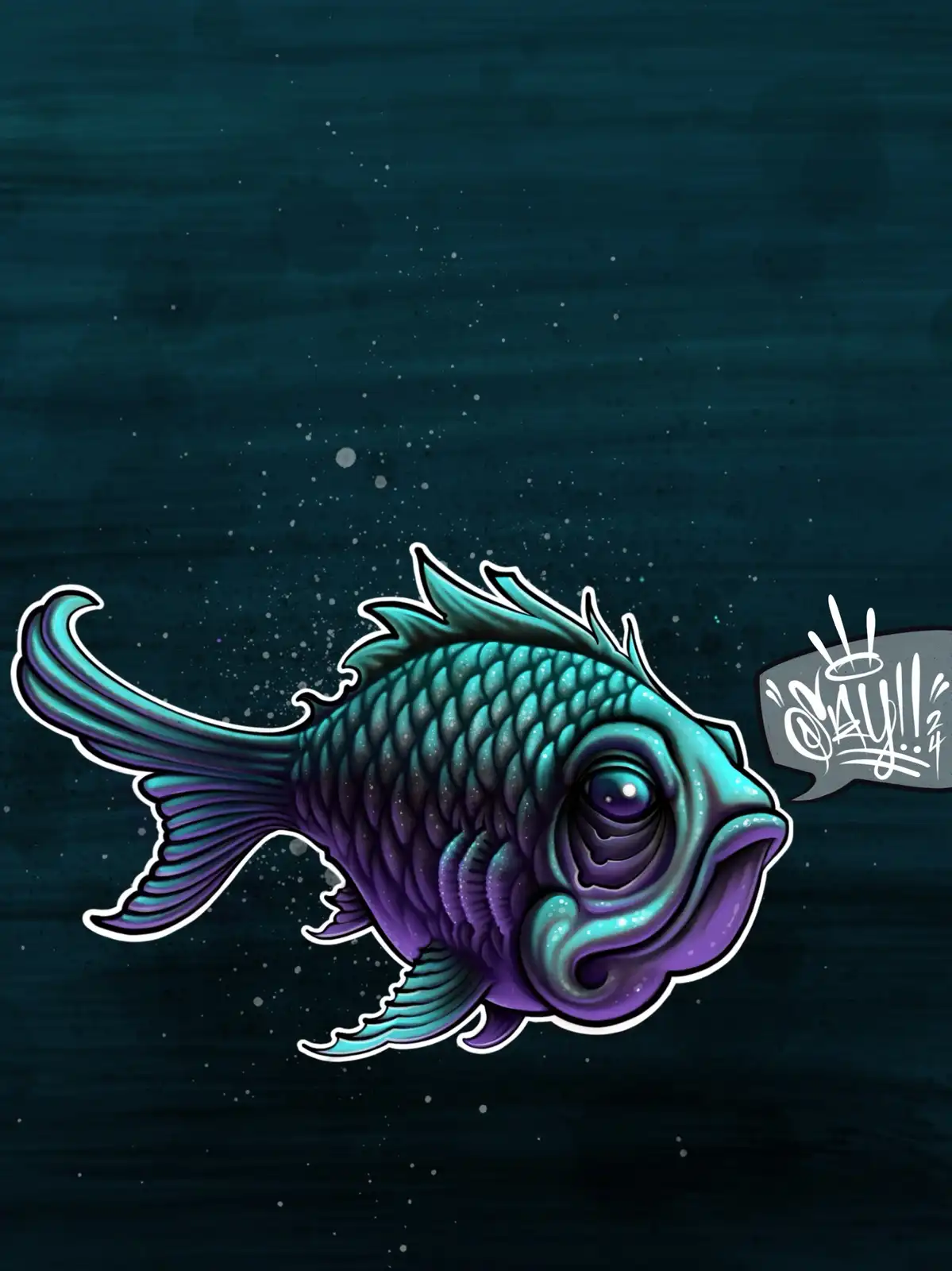 A stylized, cartoonish fish with teal and purple scales and a large, expressive eye swims against a dark teal, speckled…
