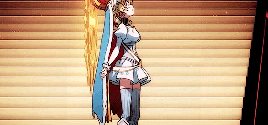 The image shows a sequence of three panels featuring an anime-style character in a royal outfit, initially standing tall…