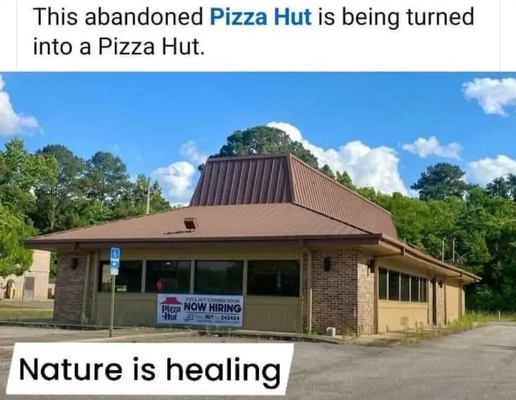 An image of a dilapidated, abandoned Pizza Hut building with overgrown weeds in the parking lot and trees surrounding it. A…