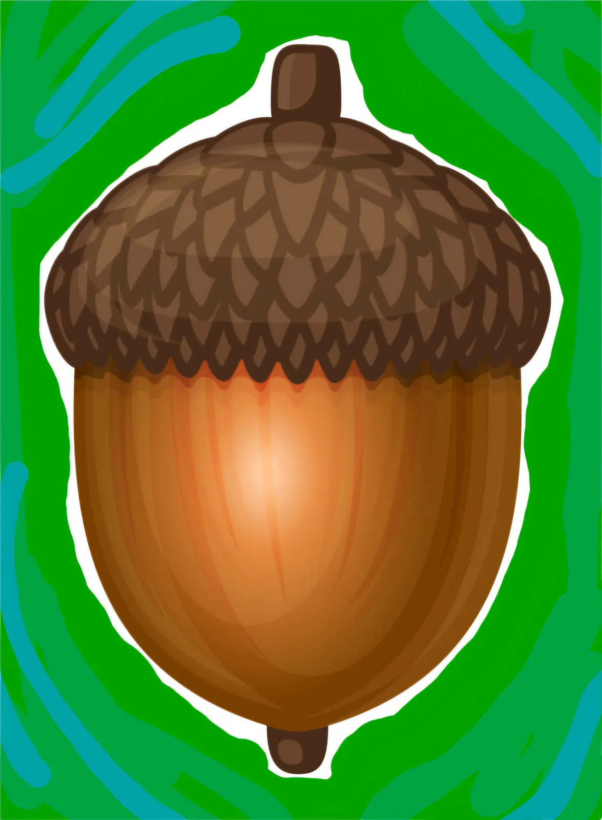 A cartoon-style acorn with a brown cap and nut is centered against a green and teal abstract background. The acorn has a…