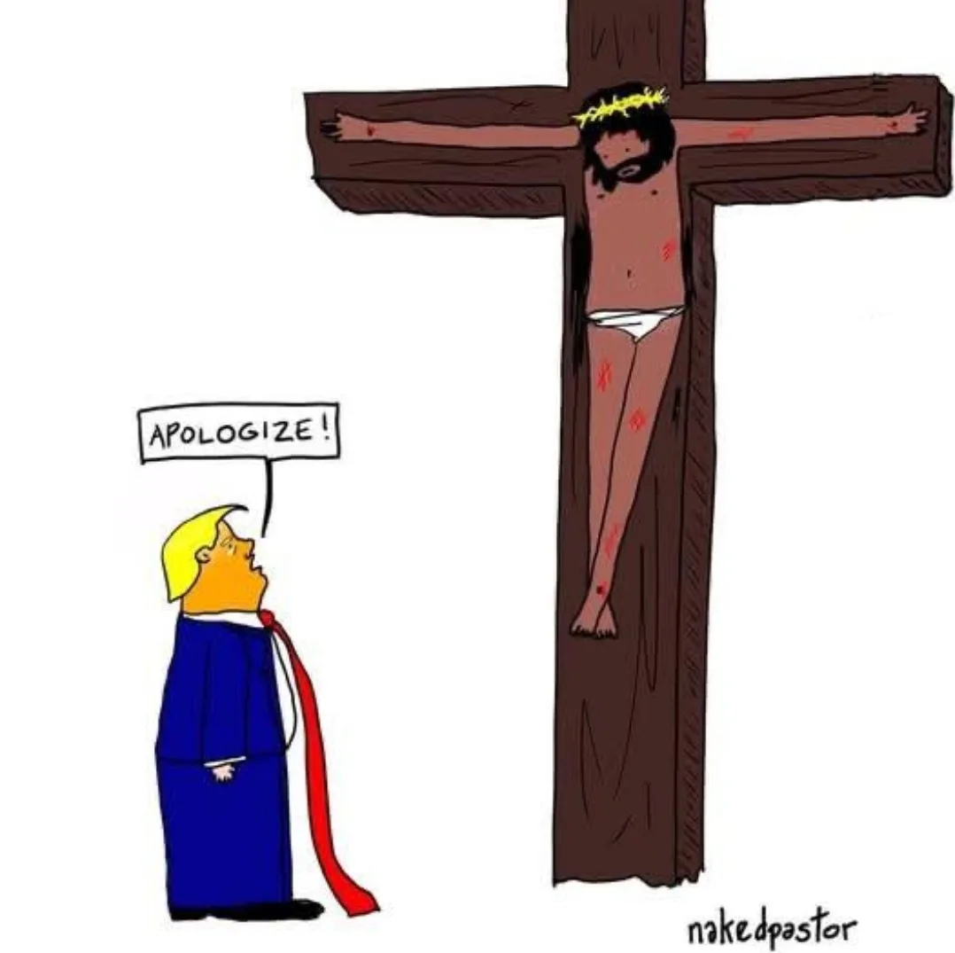A cartoon depicts a caricature of Donald Trump in a blue suit and red tie, looking up at a wooden cross where a figure…