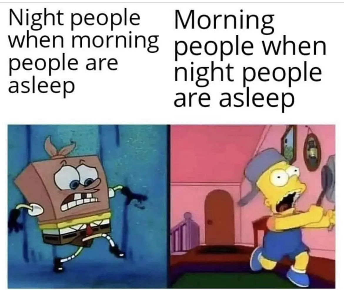 The image is split into two panels. The left panel shows SpongeBob SquarePants in a panicked, frantic running pose against a…