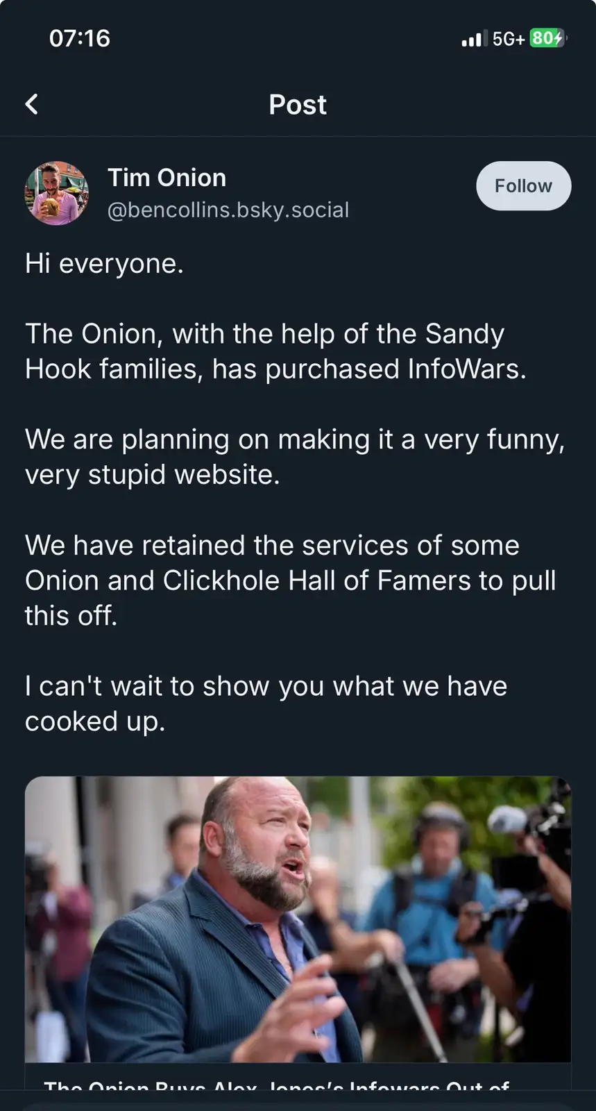A screenshot of a social media post by 'Tim Onion' (@bencollins.bsky.social) announcing a fictional purchase of InfoWars by…