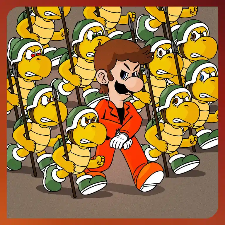A cartoon image shows a man in an orange jumpsuit with a mustache, surrounded by numerous angry-looking Koopa Troopas…