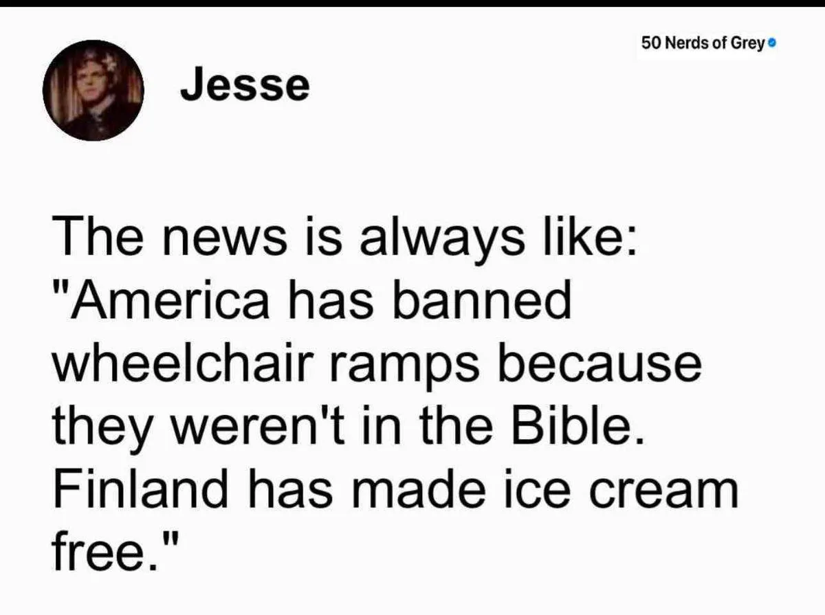 A screenshot of a social media post by 'Jesse' from the account '50 Nerds of Grey', featuring a white background with black…